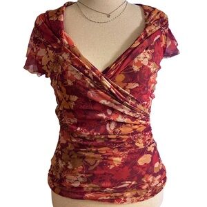 Y2K Sweet Pea Stacy Frati Mesh Ruched Floral Off Shoulder Top Fairycore